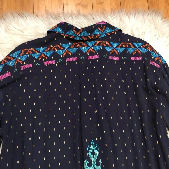 Zara Actez Tribal Geometric Metallic Long Sleeves Colorful Navy Shirtdress M - Picture 12 of 15